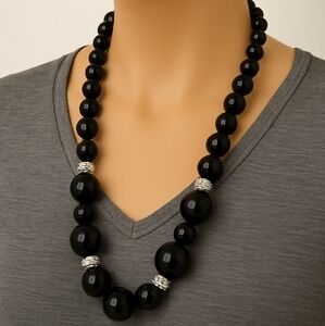 Elegant Silver tone & Black Beaded 30-in Long Necklace - Women's Fashion Jewelry